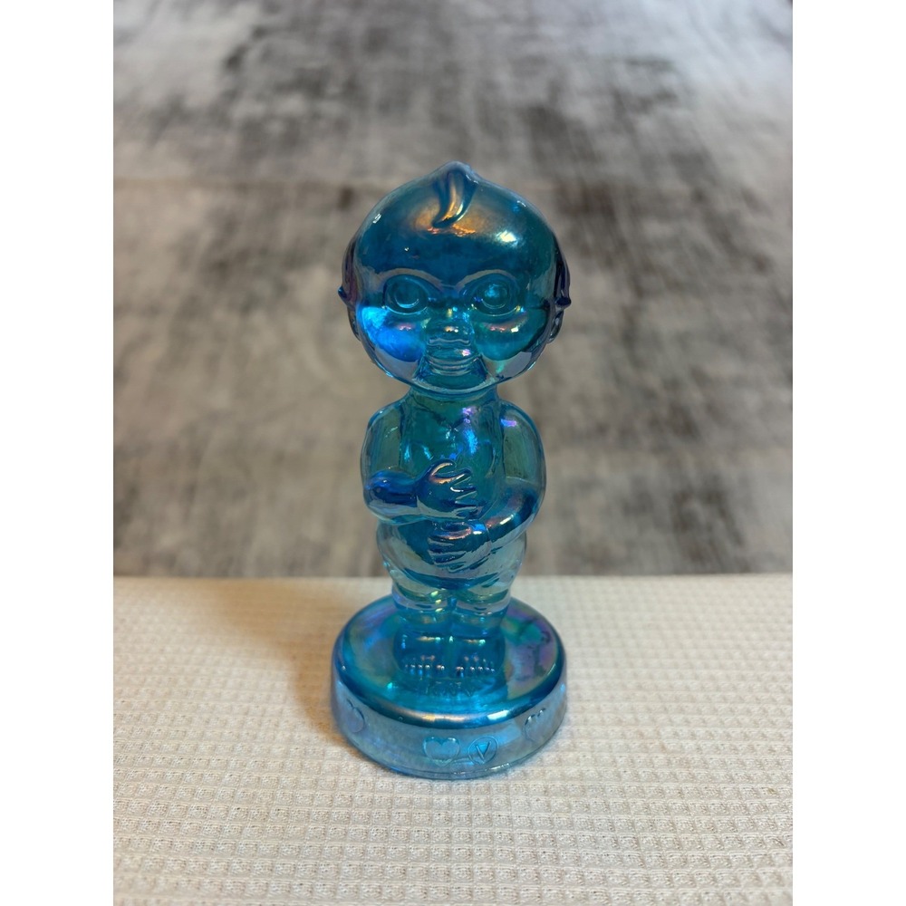 Blue Iridescent Carnival Glass Kewpie Doll Figurine Vintage Style 4.75 Inch